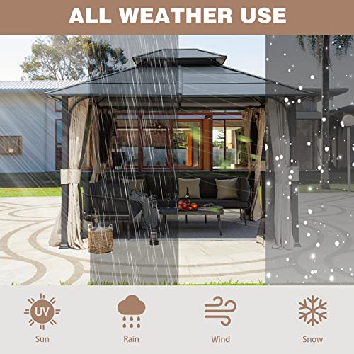 12x20 ft Hardtop Gazebo Double Roof Galvanized Steel Canopy Outdoor Aluminum Frame with Netting and Curtains X191579