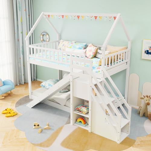 Twin Over Twin Bunk Bed with Slide & Stairs, Wood, White M692