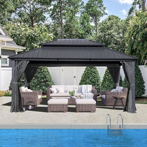 10 x 10 ft Hardtop Gazebo with Netting and Curtains, Galvanized Steel Roof for Patio K80436