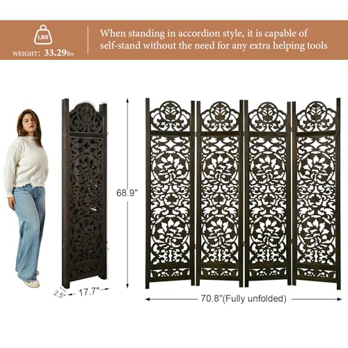 Wood Carved Room Divider 4 Panel Folding Partition Screen X503933