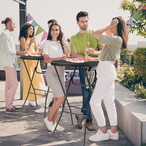 Folding Round Table Bar Height, HDPE with Gray Metal Finish, Black M940225