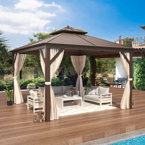 12x20 ft Hardtop Gazebo Double Roof Galvanized Steel Canopy Outdoor Aluminum Frame with Netting and Curtains X191579