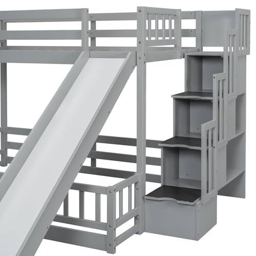 Twin Over Full Size Wooden Bunk Bed with Slide and Storage Stairs N394