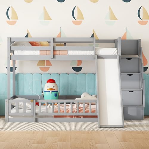 Twin Over Full Size Wooden Bunk Bed with Slide and Storage Stairs N394