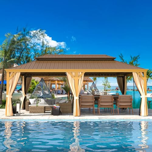 12x16 ft Hardtop Gazebo with Double Roof, Curtains and Netting T94173