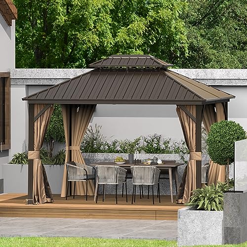 10 x 10 ft Hardtop Gazebo with Netting and Curtains, Galvanized Steel Roof for Patio K80436