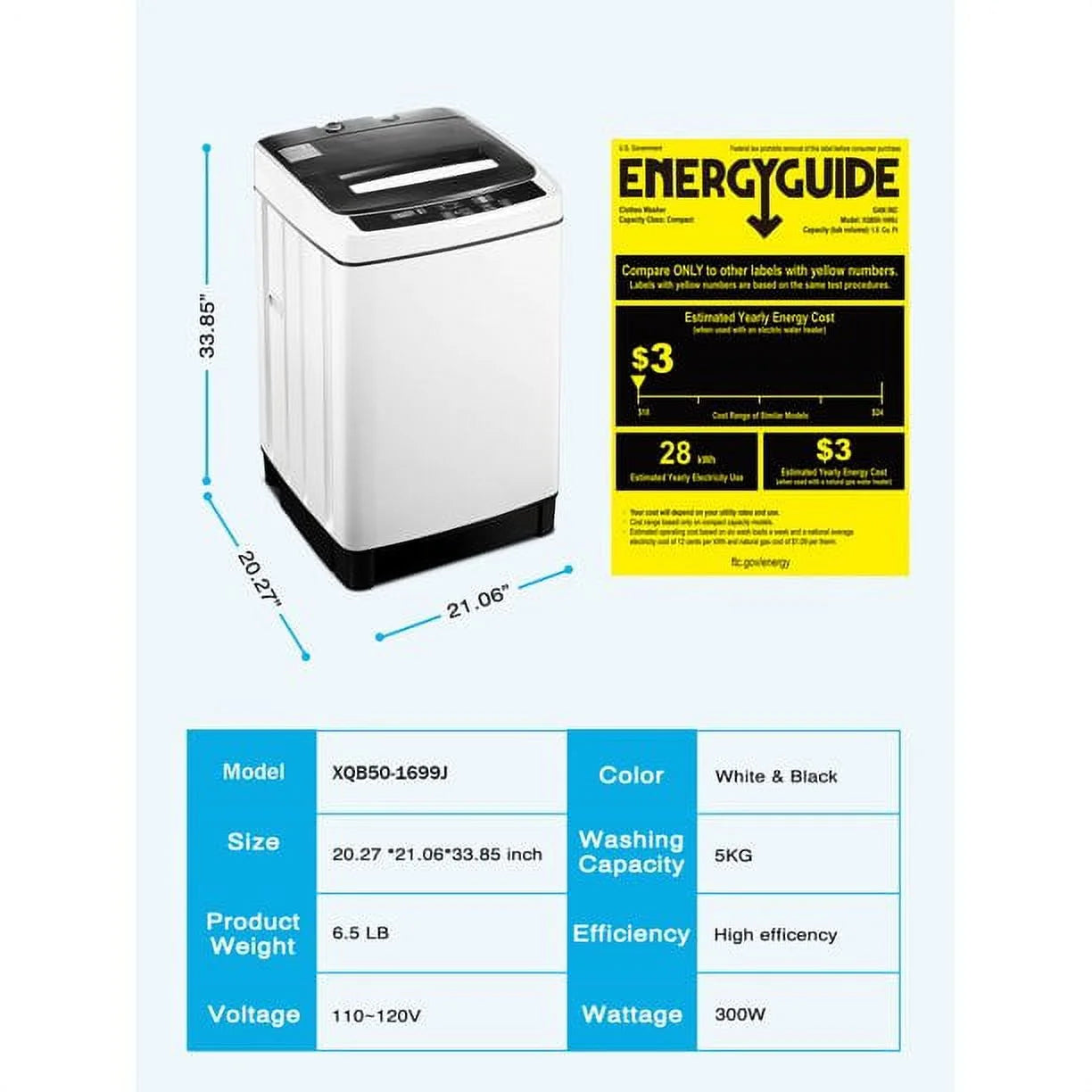 Portable Washing Machine, Compact Washer with Drain Pump, 11lbs Capacity U437529