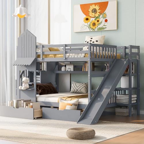 Kids Bunk Bed with Stairs and Slide, Twin Over Twin, Gray O540