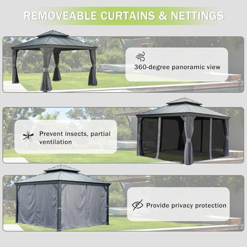 10 x 10 ft Hardtop Gazebo with Netting and Curtains, Galvanized Steel Roof for Patio K80436