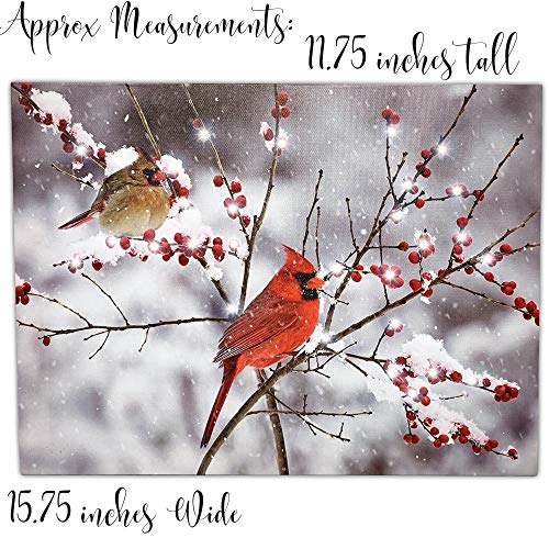 LED Cardinals Canvas Print with Cardinal Couple and Holiday Berries V670
