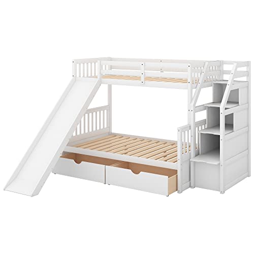 Twin Over Full Bunk Bed with Slide and Stairs for Kids I642