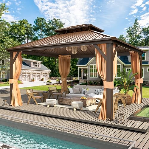 10x13 Hardtop Gazebo with Polycarbonate Double Roof, Aluminum Frame, Curtains and Netting S2701