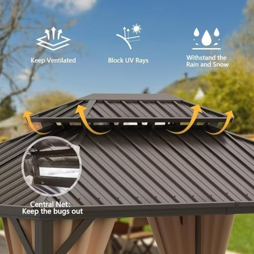 10 x 10 ft Hardtop Gazebo with Netting and Curtains, Galvanized Steel Roof for Patio K80436