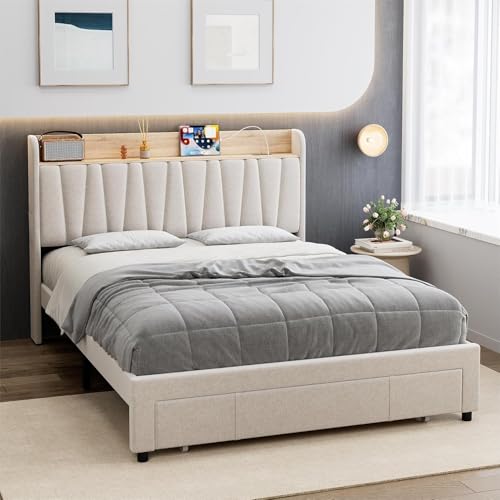 Queen Size Bed Frame with Storage Headboard and Drawers, Beige D3599
