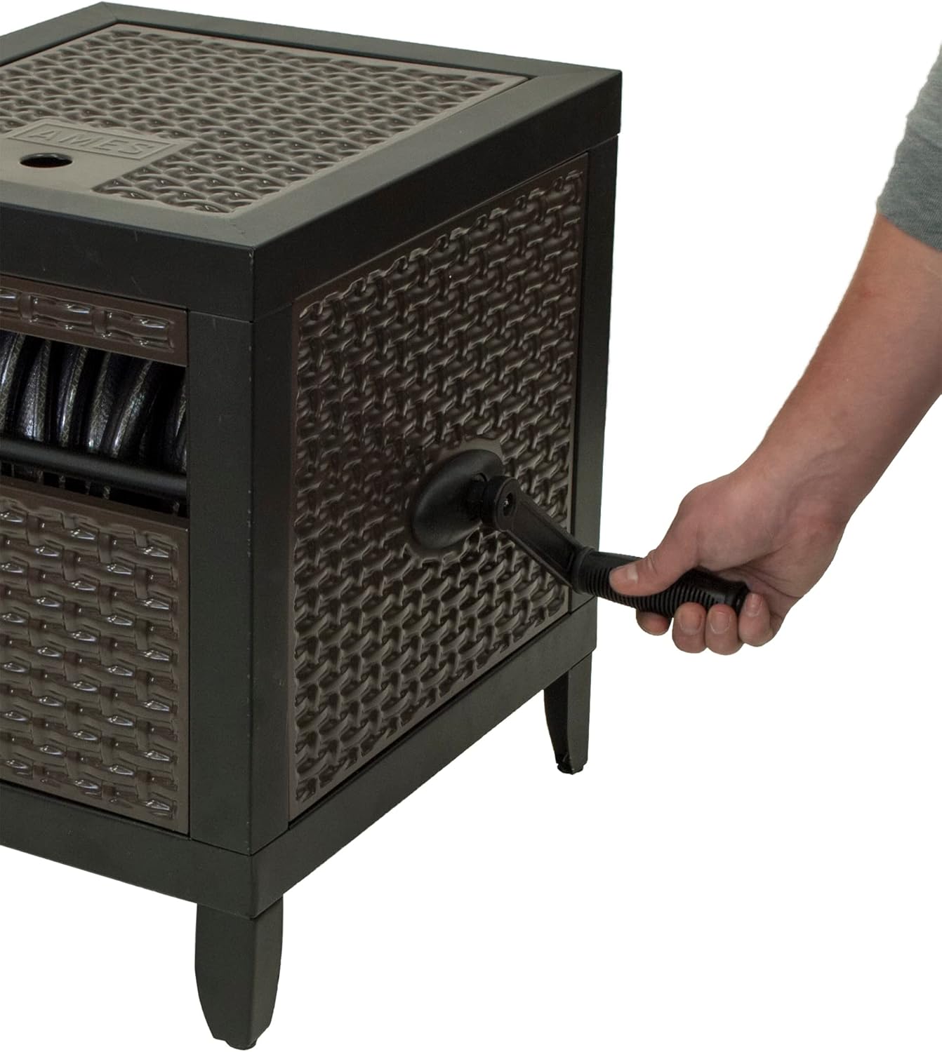 Hose Reel Cabinet Box, 100 Ft Capacity, Wicker Look, Auto Track Rewinding, Black Metal E465231