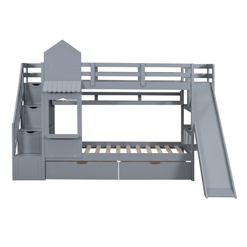 Twin Over Twin Bunk Bed with Stairs and Slide, Solid Wood Frame with Storage B8483