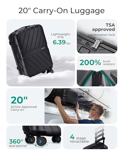 Carry On Luggage 22x14x9 with TSA Lock, Hardside Spinner Suitcase 20 Inch J7440