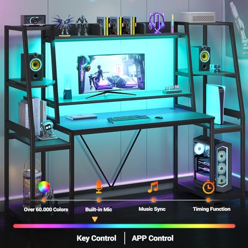Gaming Desk with LED Lights, Hutch and Storage Shelves, Black O742