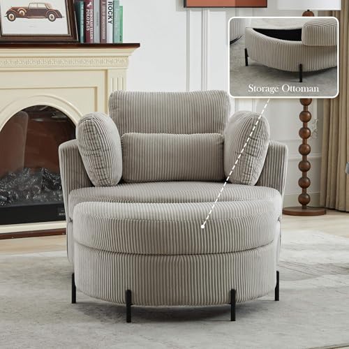 Oversized Swivel Barrel Chair with Ottoman, Chenille, Beige M813