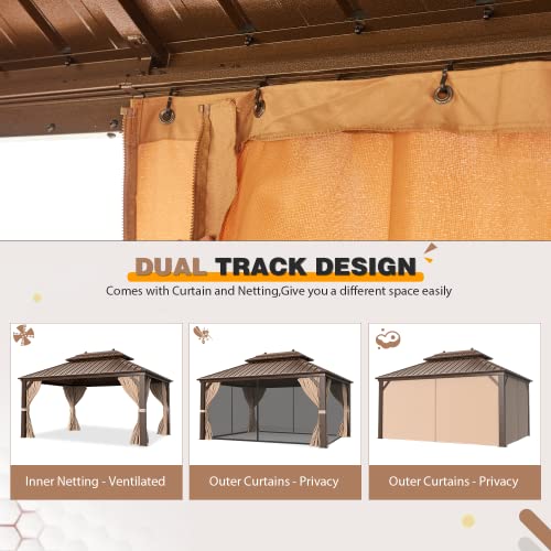 12x20 ft Hardtop Gazebo Double Roof Galvanized Steel Canopy Outdoor Aluminum Frame with Netting and Curtains X191579