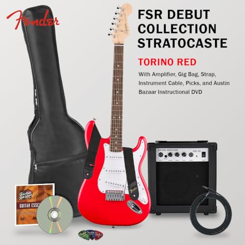 Stratocaster Electric Guitar Bundle with Amplifier, Gig Bag, Strap, Cable, Picks, and DVD F102