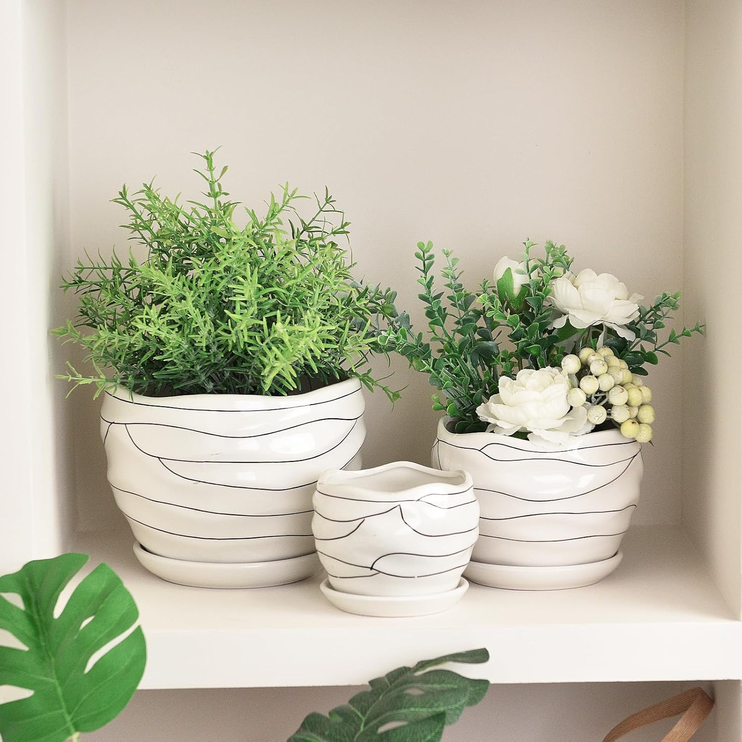 White Ceramic Planter Set, 3 Sizes, Indoor and Outdoor Use X42488