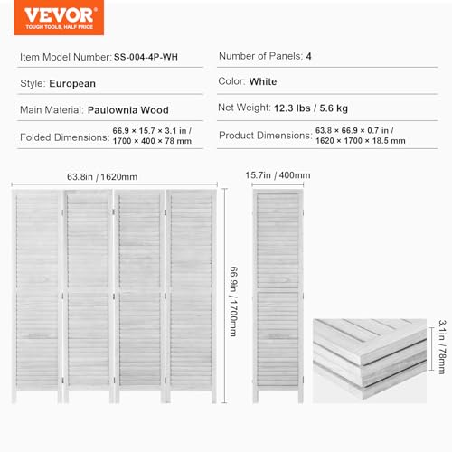 4 Panel Folding Wood Room Divider, 66.9 Inch Tall Privacy Screen I263