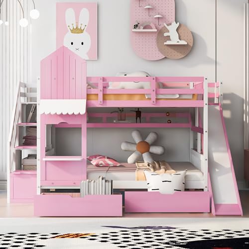 Kids Bunk Bed with Stairs and Slide, Twin Over Twin, Gray O540