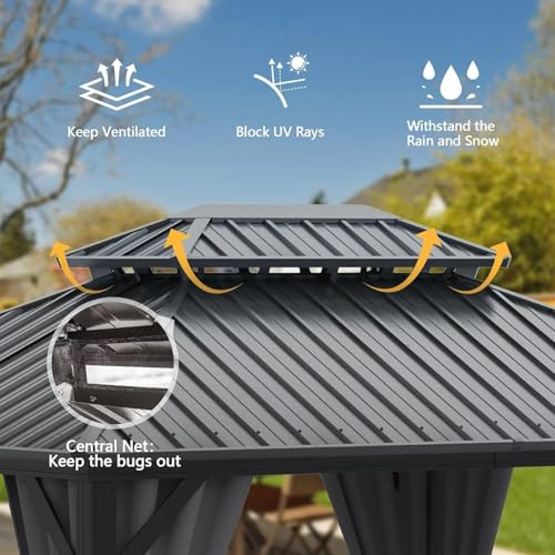 10 x 10 ft Hardtop Gazebo with Netting and Curtains, Galvanized Steel Roof for Patio K80436