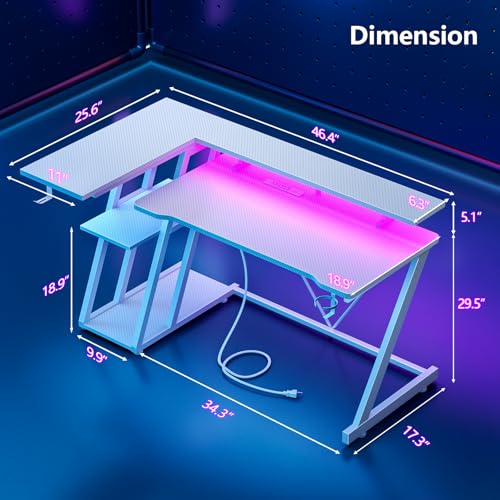 L Shaped Gaming Desk with Power Outlet and LED Lights Y52619