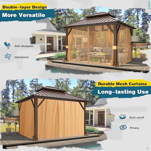 10x13 Hardtop Gazebo with Polycarbonate Double Roof, Aluminum Frame, Curtains and Netting S2701