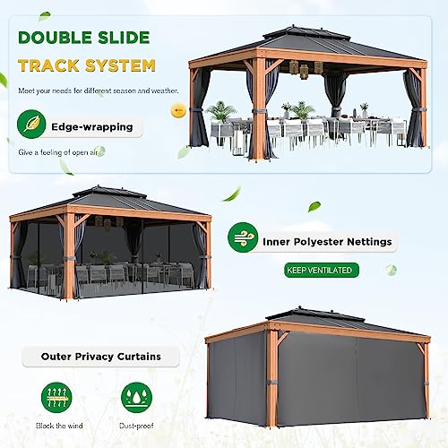 12x20 ft Hardtop Gazebo Double Roof Galvanized Steel Canopy Outdoor Aluminum Frame with Netting and Curtains X191579