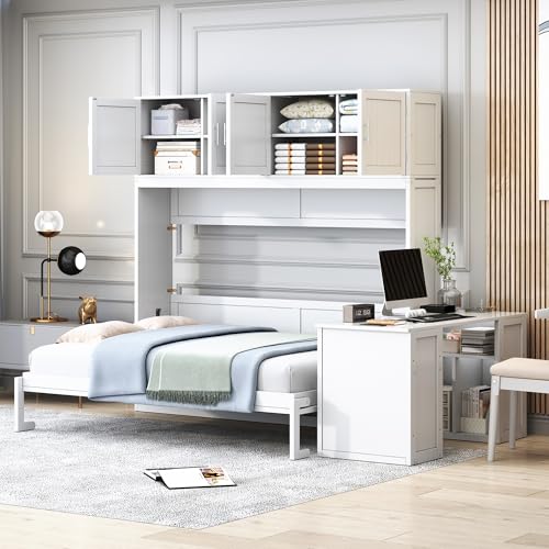 Twin Murphy Bed with Closet, Drawers & Desk, White Q211