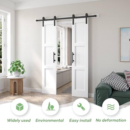 Double 21x84in White Barn Door with 7FT Sliding Hardware Kit, MDF, PVC Surface, DIY Assembly R60322