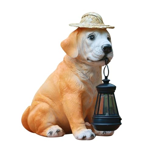 Resin Dog Statue with Straw Hat and Solar Lantern for Garden Yard Decor M4436