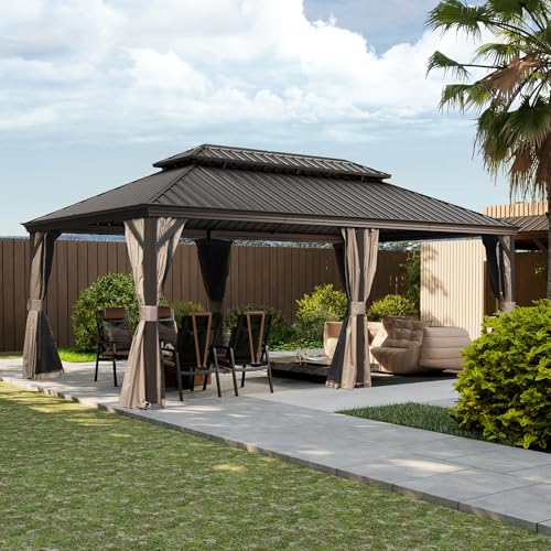 10 x 10 ft Hardtop Gazebo with Netting and Curtains, Galvanized Steel Roof for Patio K80436