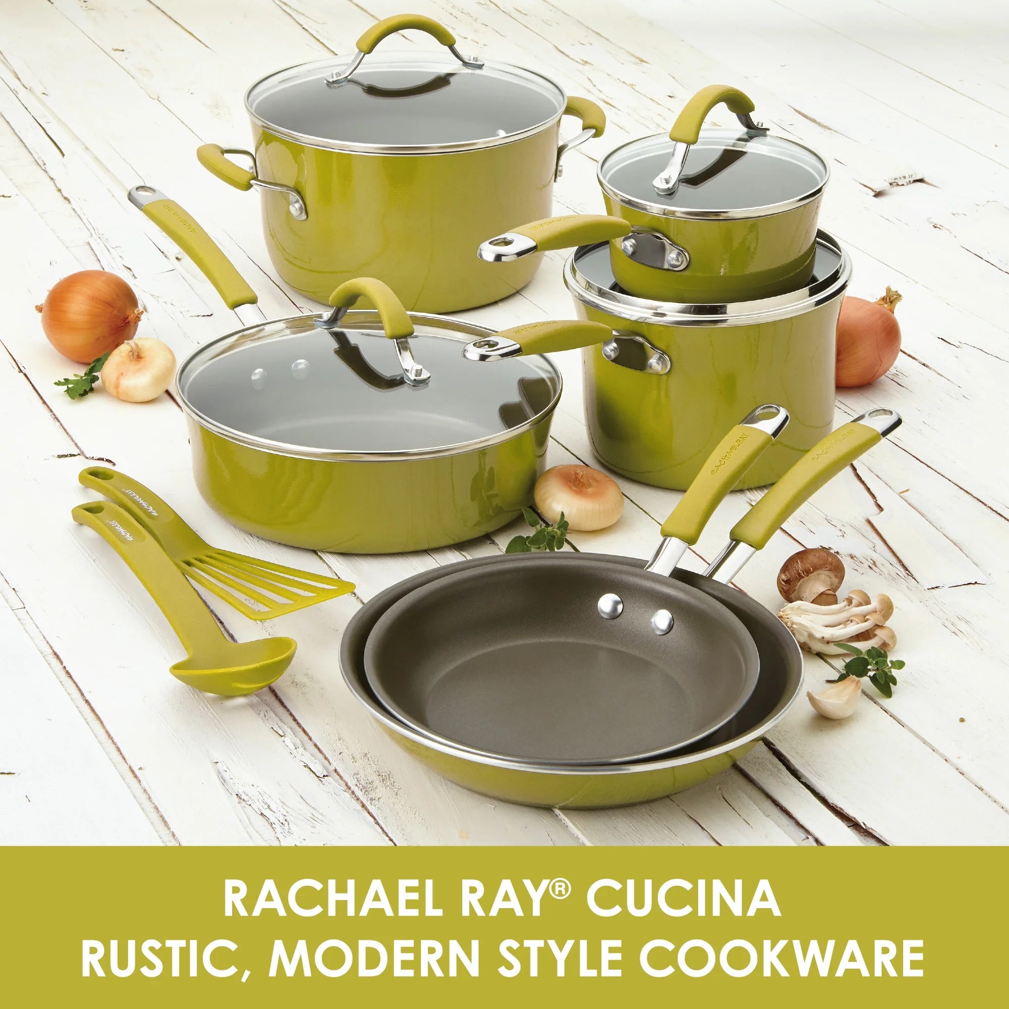 12 Piece Hard Porcelain Enamel Nonstick Pots and Pans, Lemongrass Green C889