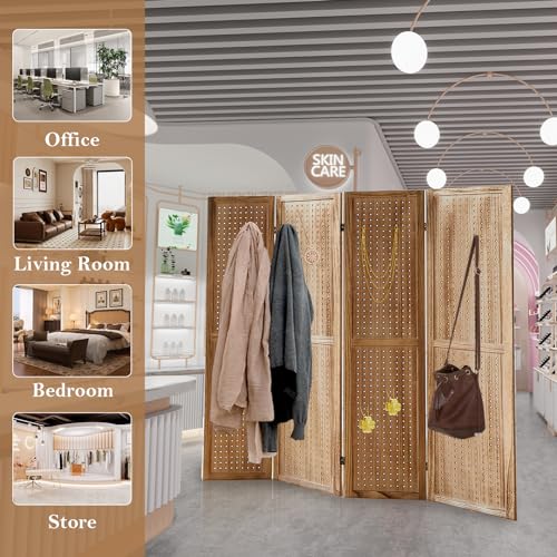 Wooden Pegboard Room Divider with Folding Privacy Screen, 5.6Ft, Light Brown D937870