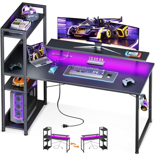 Reversible Gaming Desk with USB Charging Port and LED Lights, 40 Inch Computer Desk with Storage Shelves M571