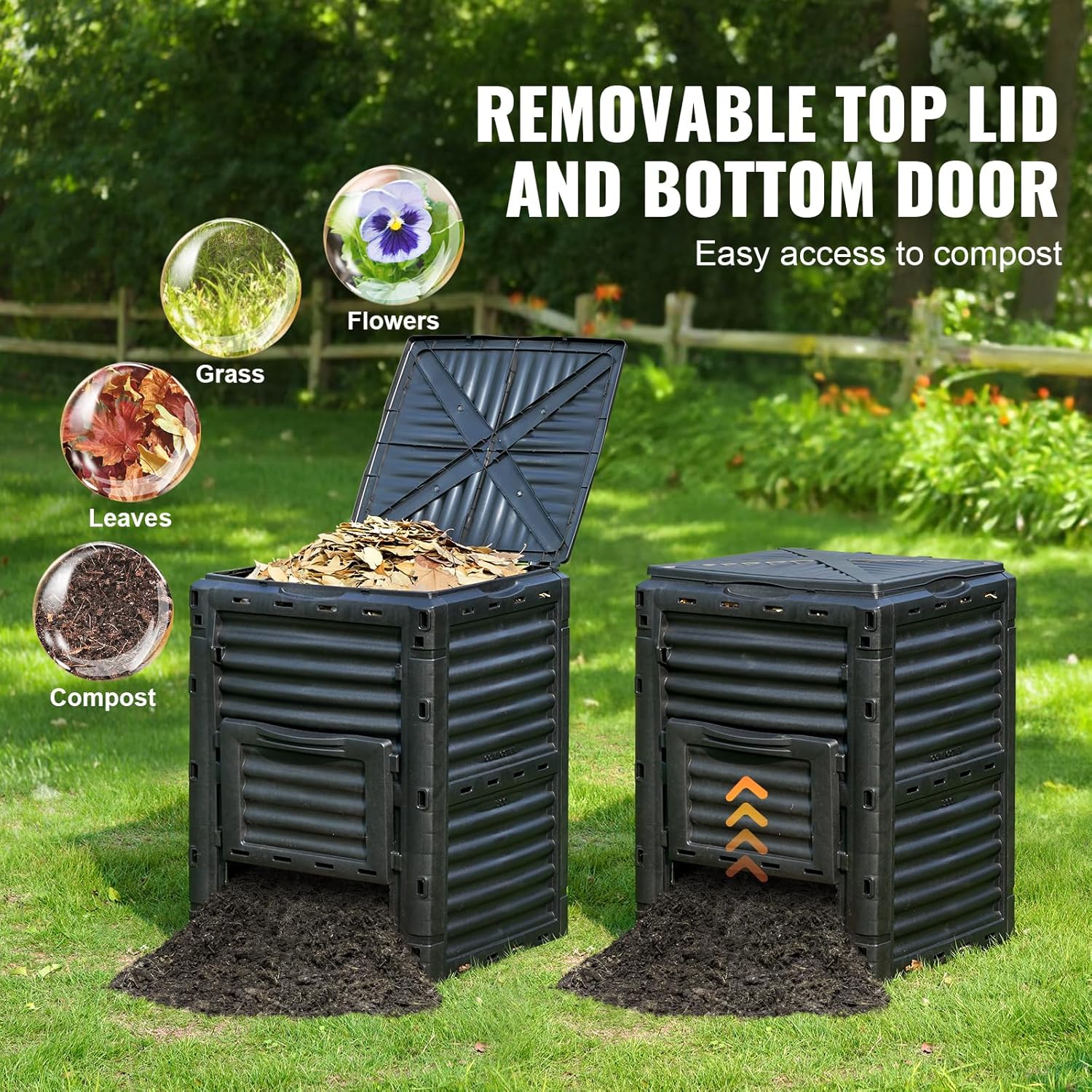 Garden Compost Bin 80 Gallon, BPA Free Composter, Outdoor Composting Bin with Top Lid and Bottom Door A75916