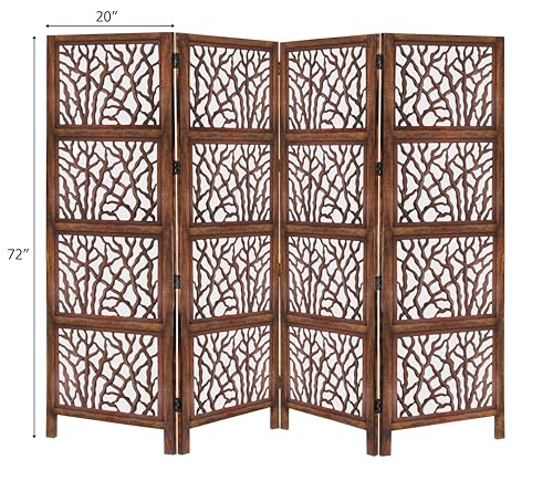 4 Panel Folding Wood Room Divider, Antique Brown, 72 x 80 P209