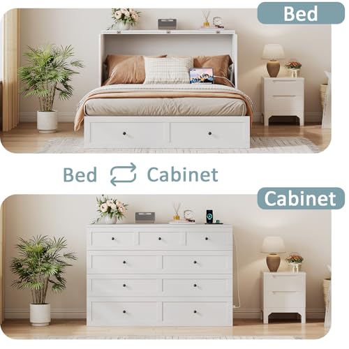 Murphy Bed with Storage & Charging Station, Foldable Panel, Distressed White C449393