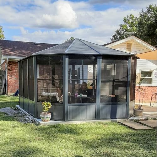 10 x 10 ft Hardtop Gazebo with Netting and Curtains, Galvanized Steel Roof for Patio K80436