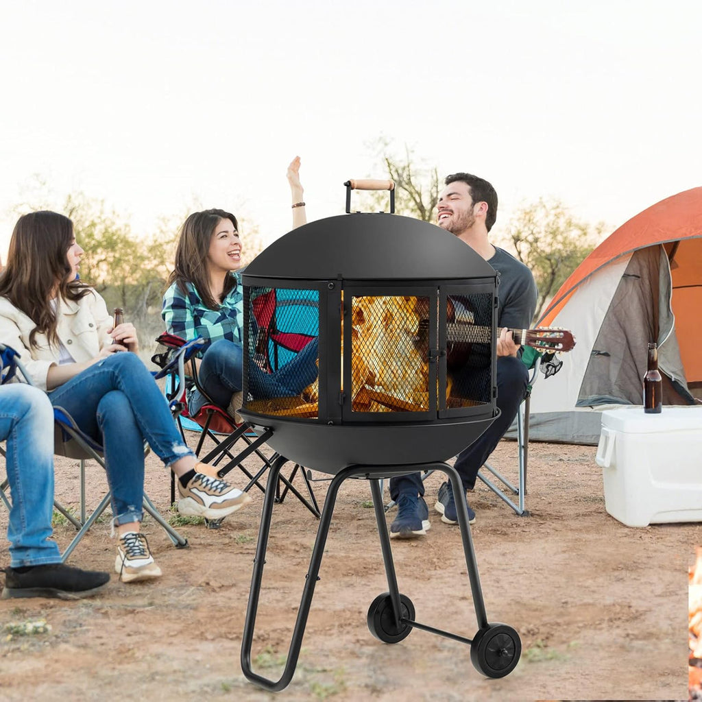 Portable Fire Pit with Wheels, 28 Inch Wood Burning, Black K9455