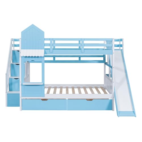 Kids Bunk Bed with Stairs and Slide, Twin Over Twin, Gray O540