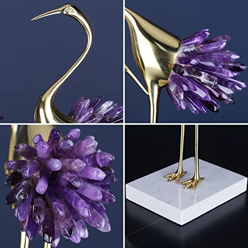 Gold Crane Bird Statue with Crystal Tail Accents, Brass Figurine for Home Decor E1797