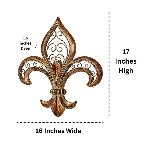 Fleur de Lis Wall Art Burnished Gold Resin Metal Scroll Decor 16x17 Inches O235536