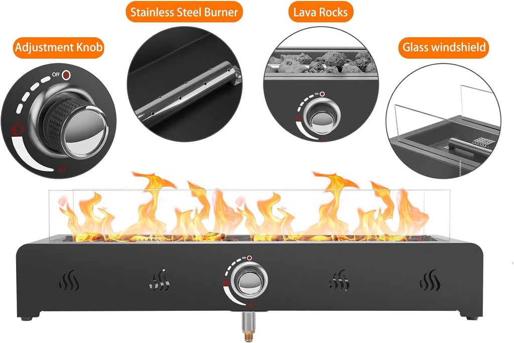 28 Inch Tabletop Gas Fire Pit with Glass Wind Guard and Lava Rock V462502