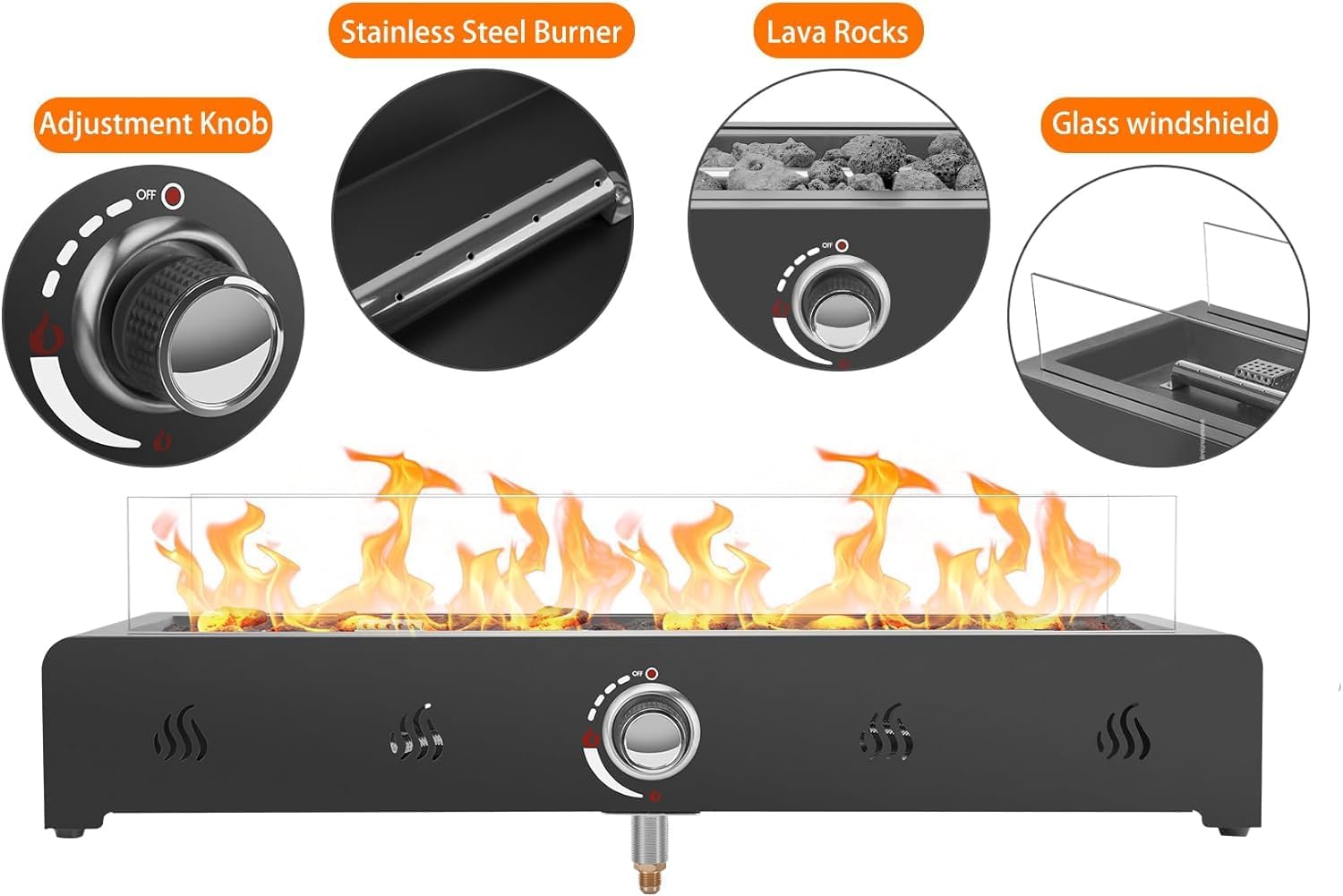 28 Inch Tabletop Gas Fire Pit with Glass Wind Guard and Lava Rock V462502