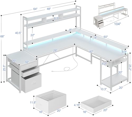 Large L Shaped Gaming Desk with Hutch and Drawers, 64" Reversible Computer Desk with Storage Shelves, Monitor Stand and LED Light for Home Office, Power Outlets, White V6783